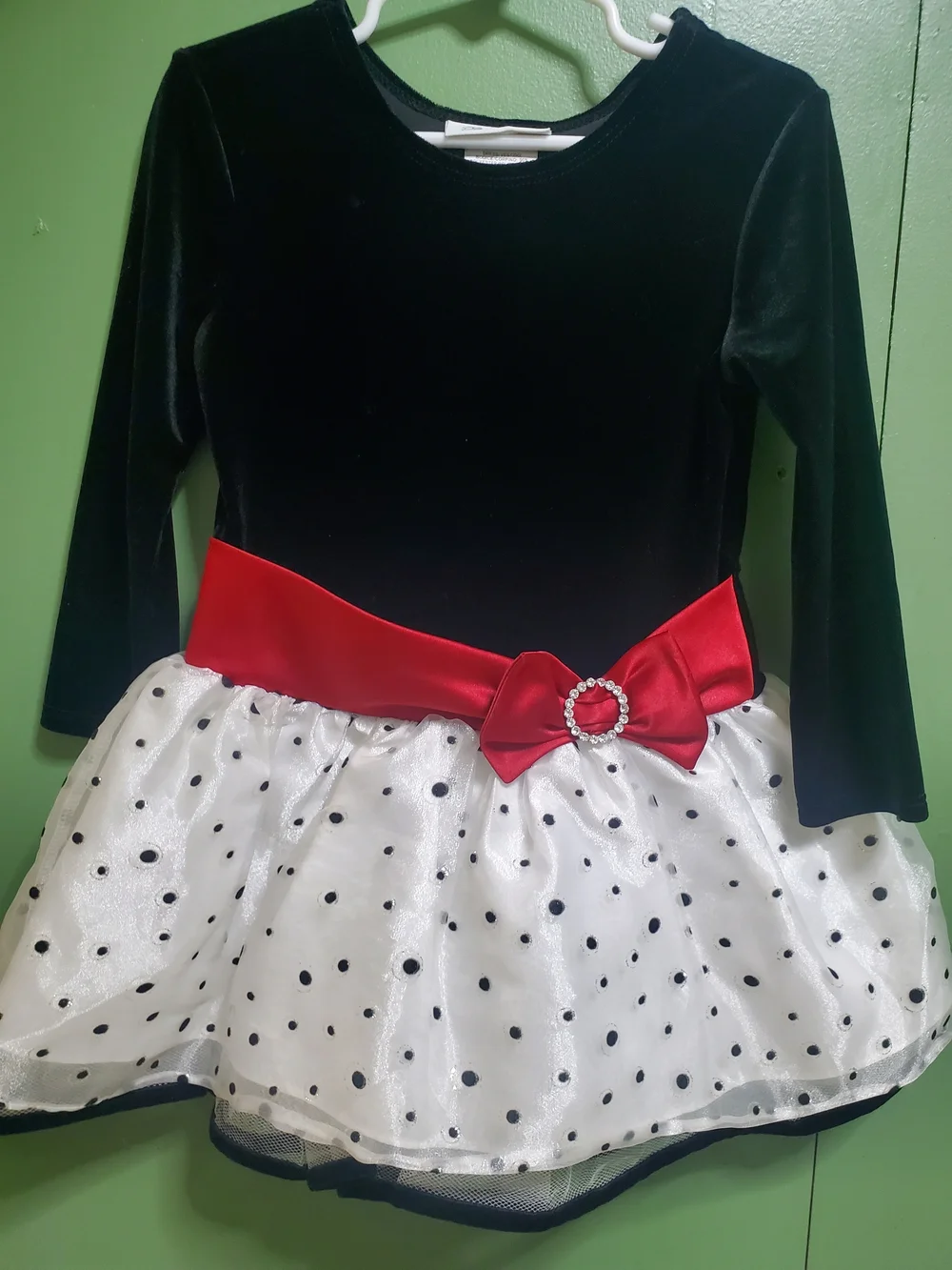 Bonnie Jean Black Velvet Dress with White Polka Dot Skirt and Red Satin Bow